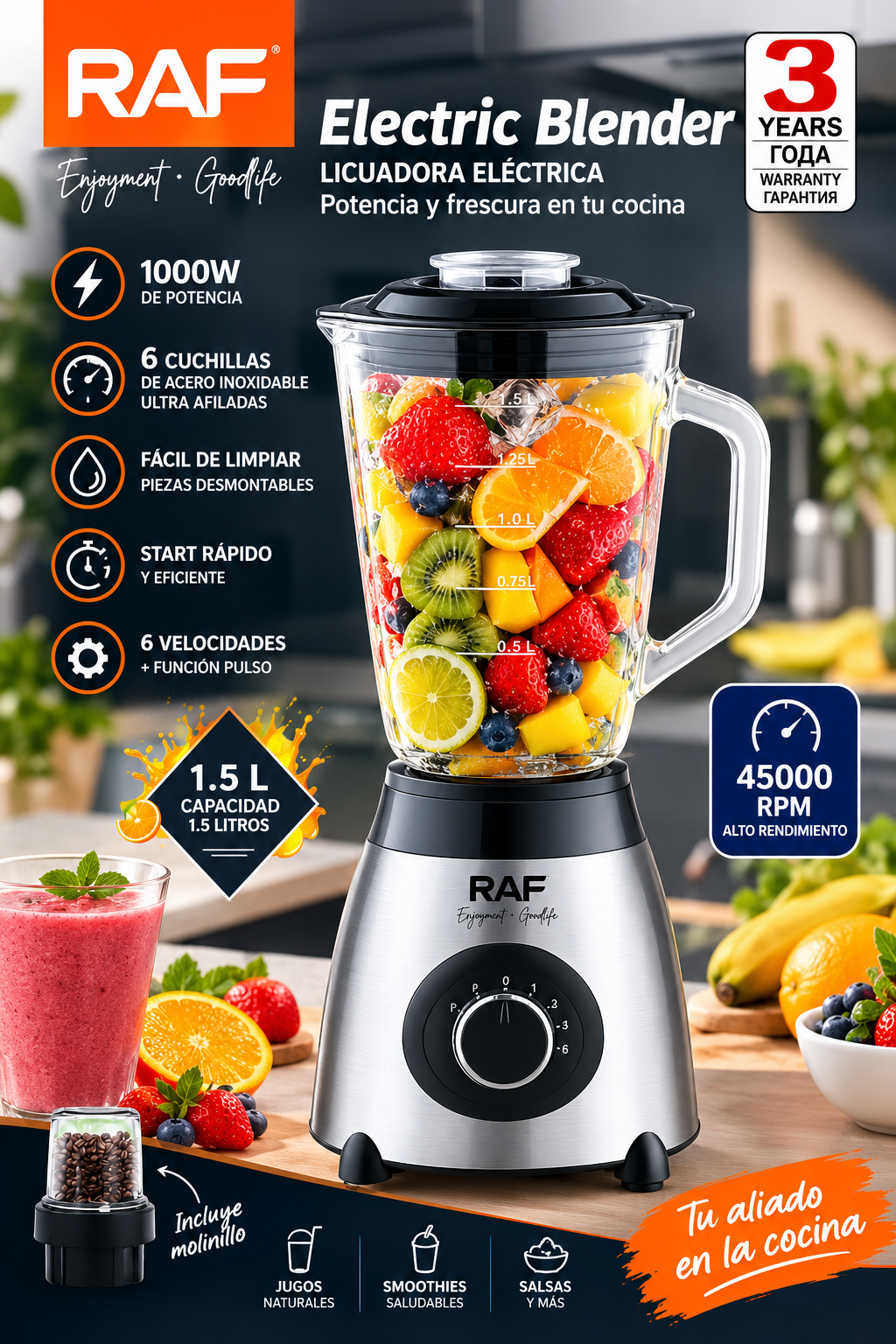 Licuadora RAF R.295 — 1000W con Vaso de Vidrio y Molinillo