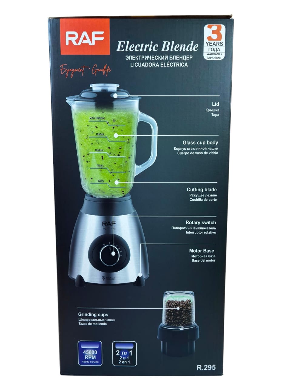 Licuadora RAF R.295 — 1000W con Vaso de Vidrio y Molinillo